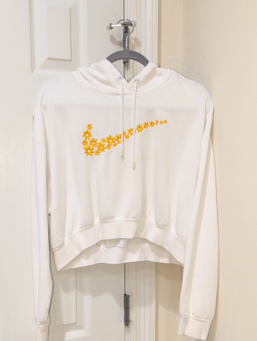 Nike White Cropped Hoodie with Yellow Floral Swoosh